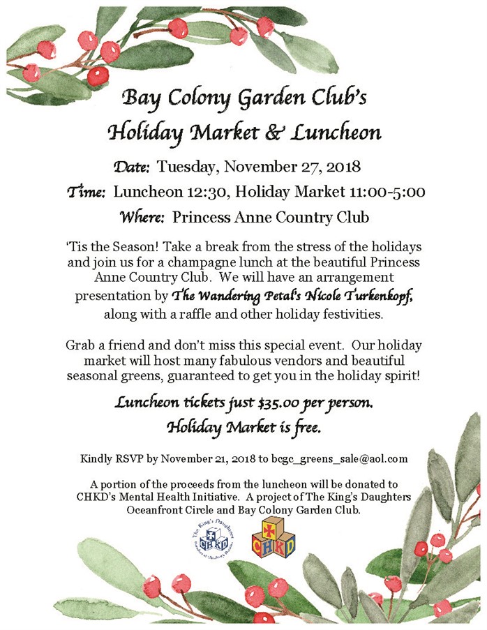 bay colony garden club greens sale holiday market the kings holiday luncheon flyer